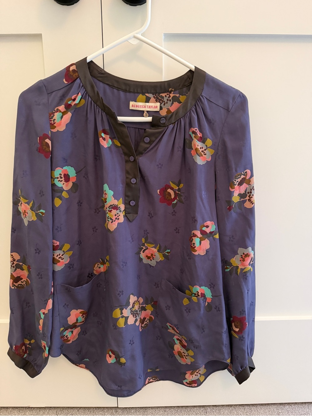 Rebecca Taylor Deep Purple Floral Silk Top with Black Trim